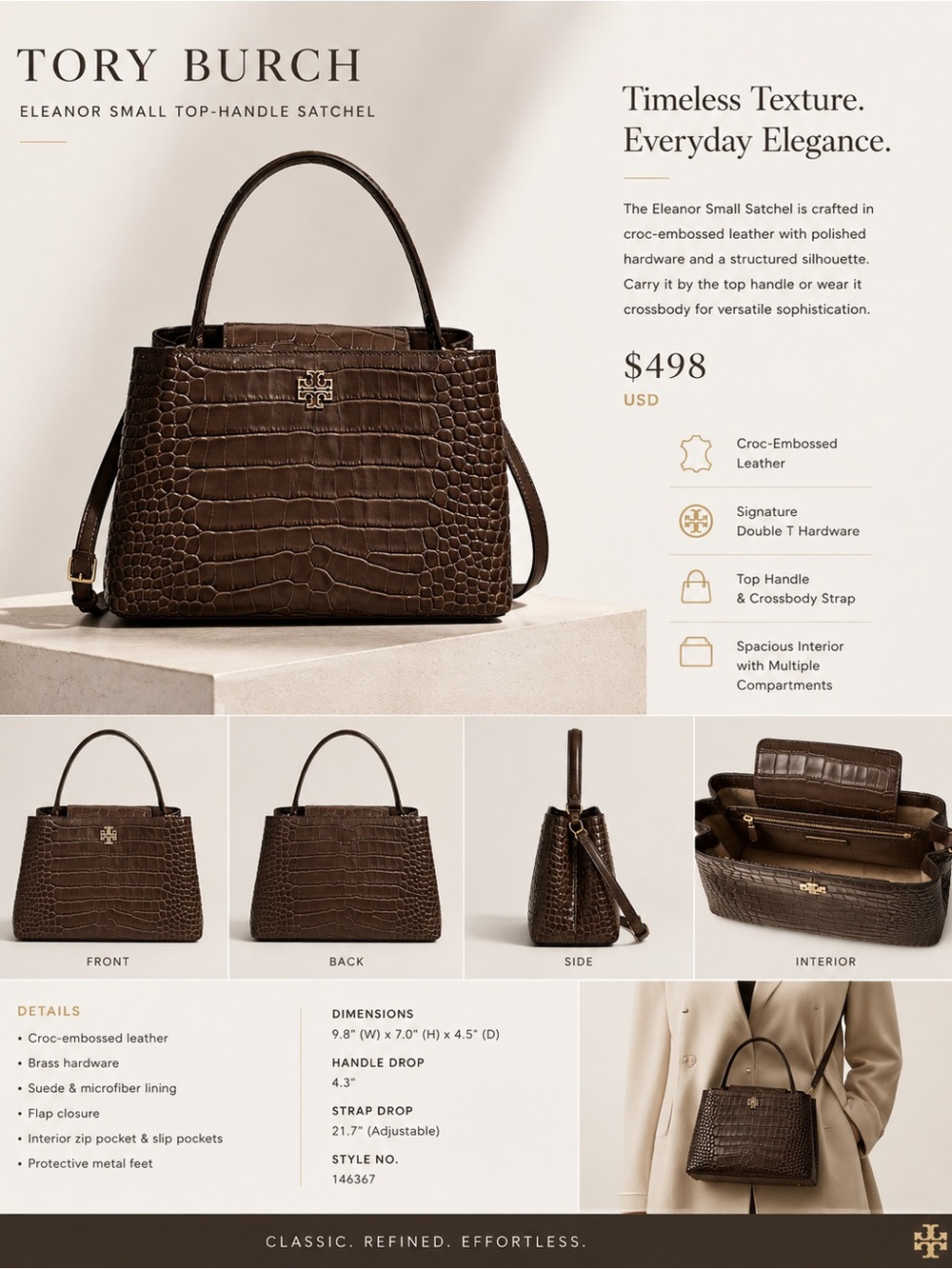 Tory Burch Brown Croc-Embossed Top-Handle Satchel with Gold Logo
